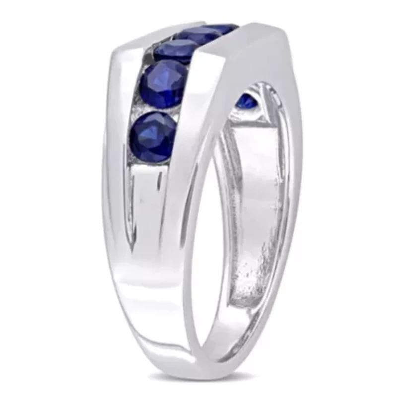 Lab Created Blue Sapphire Channel Set Men's Ring Sterling Silver