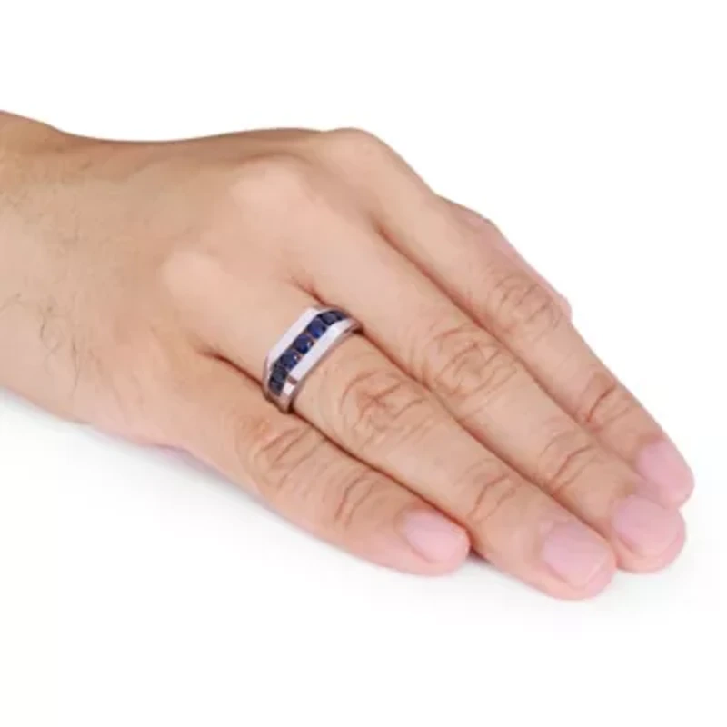 Lab Created Blue Sapphire Channel Set Men's Ring Sterling Silver