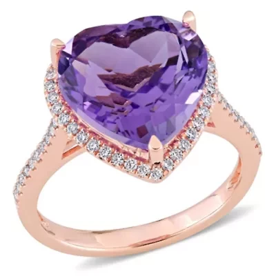 Heart Shape Amethyst and 1/3 CT TW Diamond Halo Ring 14k Rose Gold