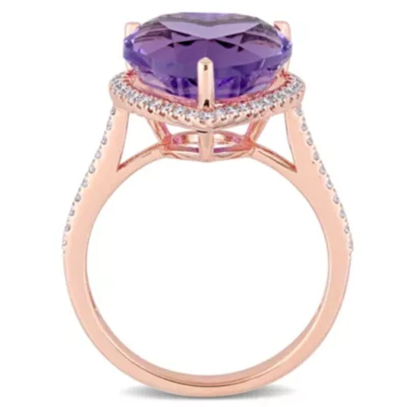 Heart Shape Amethyst and 1/3 CT TW Diamond Halo Ring 14k Rose Gold