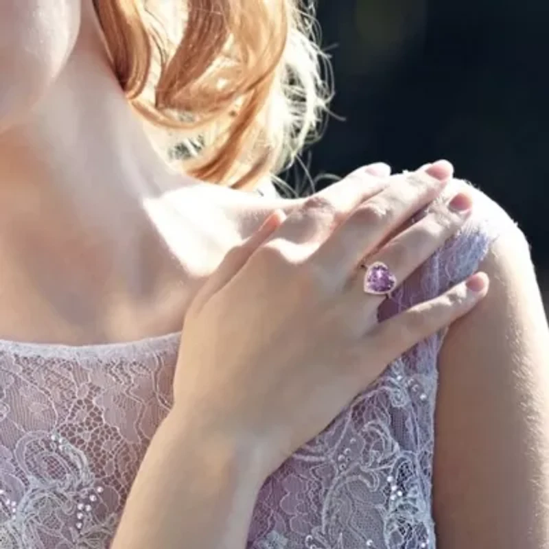 Heart Shape Amethyst and 1/3 CT TW Diamond Halo Ring 14k Rose Gold