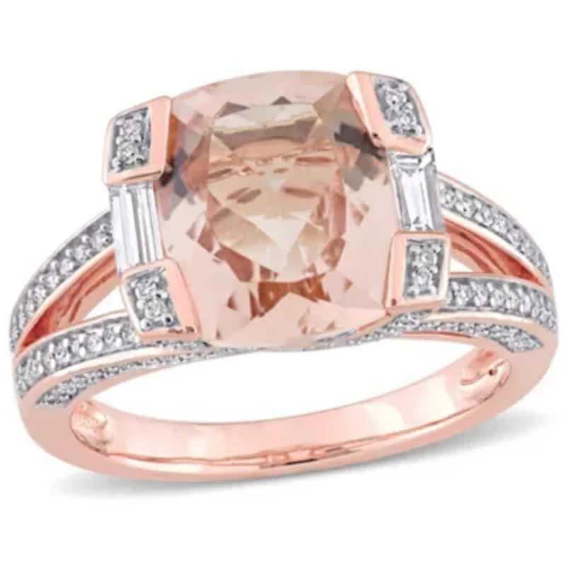 Cushion Morganite and 3/5 CT TW Multi-Shape Diamond Ring 14k Rose Gold