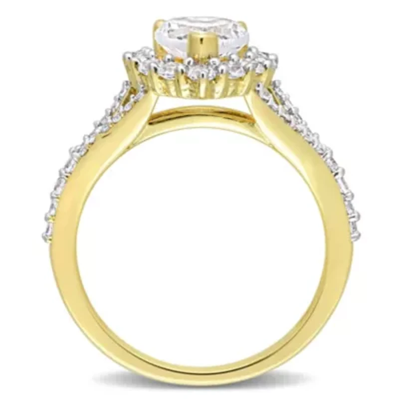 Lab Created White Sapphire Halo Heart Split Shank Ring Yellow Plated Sterling Silver