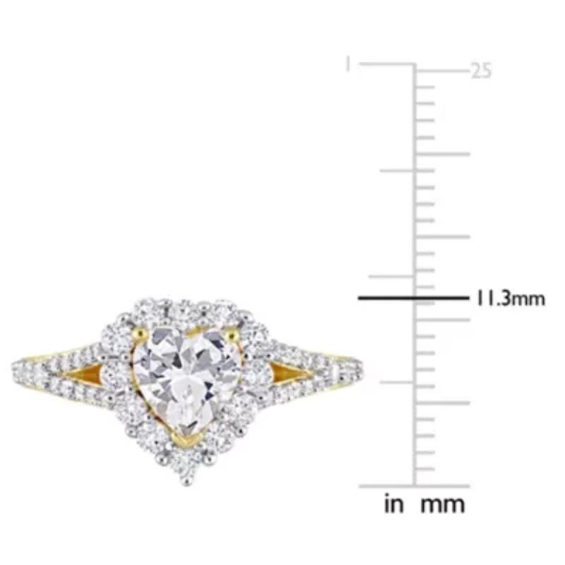Lab Created White Sapphire Halo Heart Split Shank Ring Yellow Plated Sterling Silver
