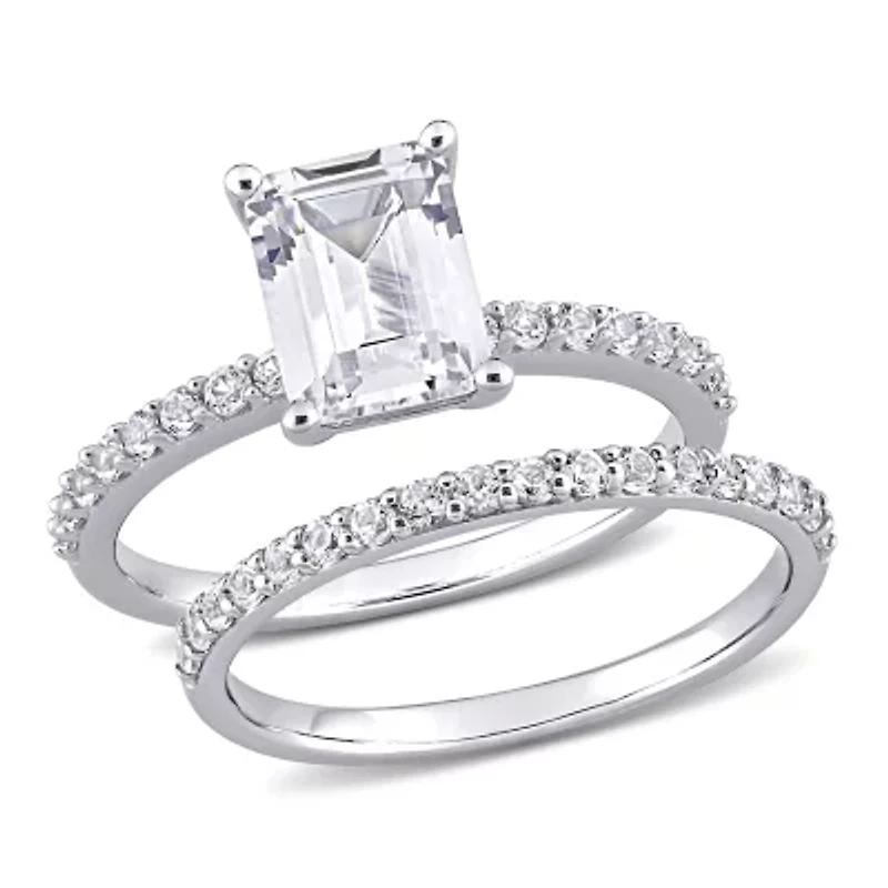 Lab Created Emerald Cut White Sapphire Engagement Ring and Matching Eternity 2pc Set 10K Gold