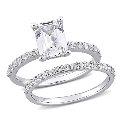 Lab Created Emerald Cut White Sapphire Engagement Ring and Matching Eternity 2pc Set 10K Gold
