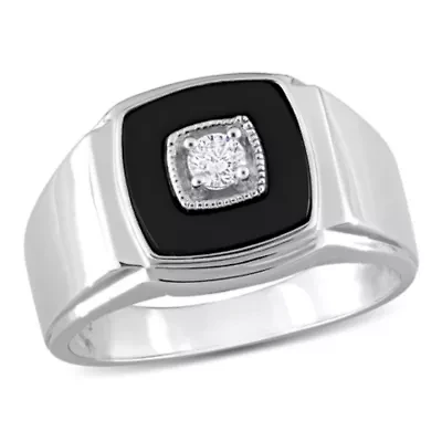 Square Black Onyx and 1/6 CT TW Diamond Men's Ring Sterling Silver