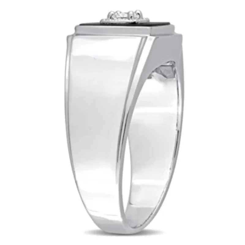 Square Black Onyx and 1/6 CT TW Diamond Men's Ring Sterling Silver