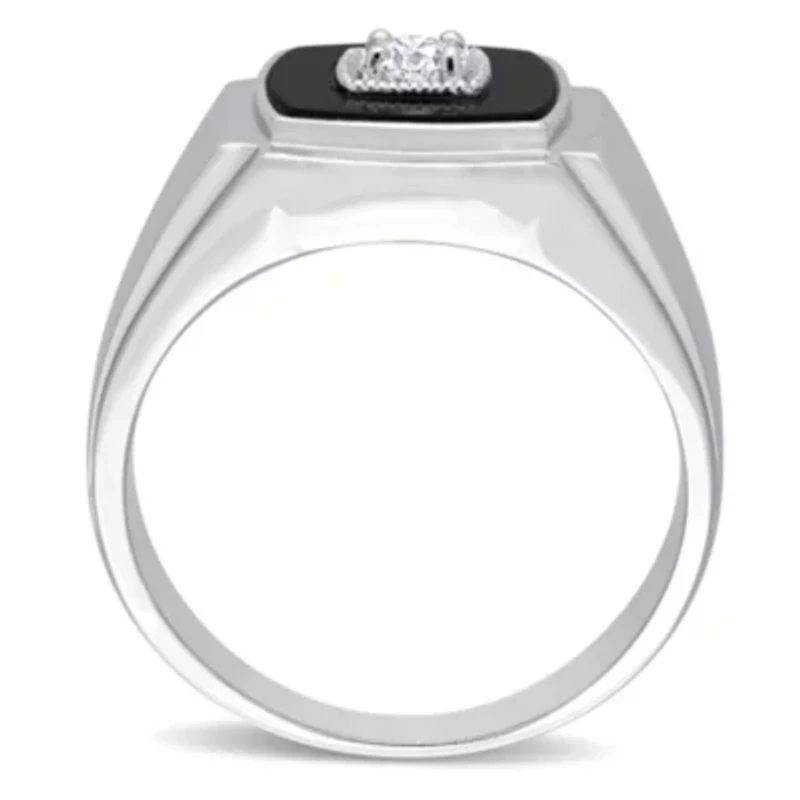 Square Black Onyx and 1/6 CT TW Diamond Men's Ring Sterling Silver