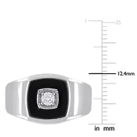Square Black Onyx and 1/6 CT TW Diamond Men's Ring Sterling Silver