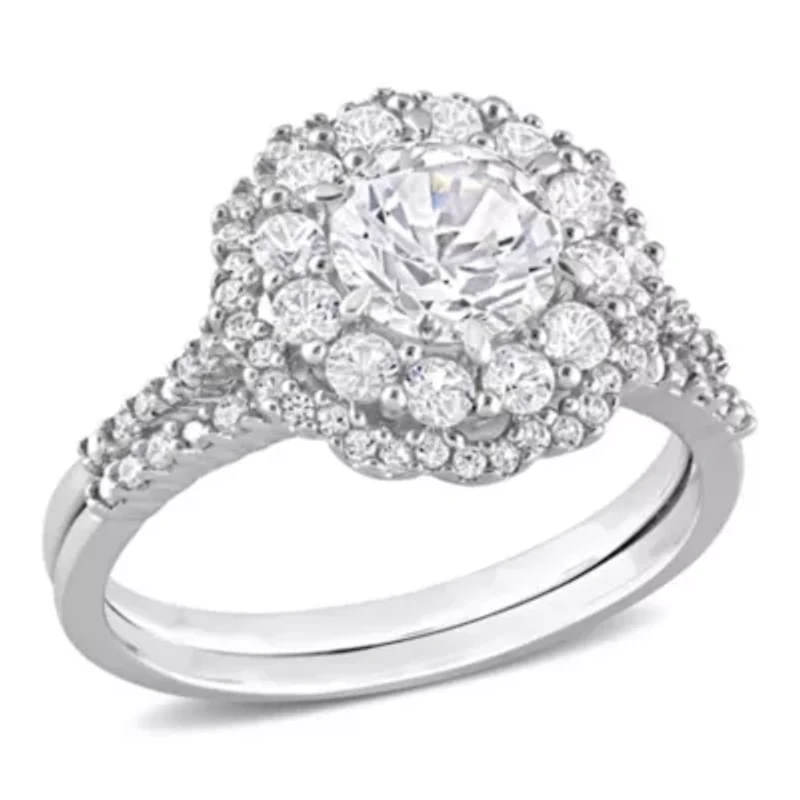 Lab Created White Sapphire and 1/10 CT TW Diamond Accent Double Halo Floral Design Bridal Ring Set 10k Gold