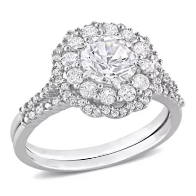 Lab Created White Sapphire and 1/10 CT TW Diamond Accent Double Halo Floral Design Bridal Ring Set 10k Gold