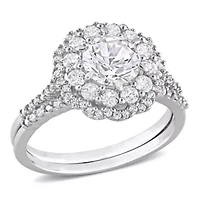Lab Created White Sapphire and 1/10 CT TW Diamond Accent Double Halo Floral Design Bridal Ring Set 10k Gold