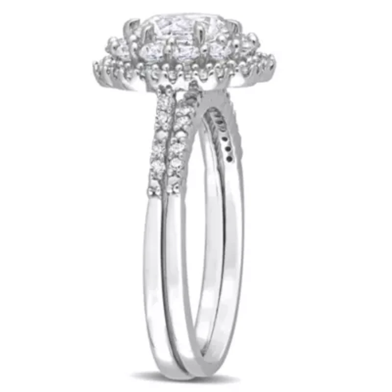 Lab Created White Sapphire and 1/10 CT TW Diamond Accent Double Halo Floral Design Bridal Ring Set 10k Gold