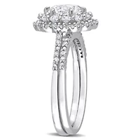 Lab Created White Sapphire and 1/10 CT TW Diamond Accent Double Halo Floral Design Bridal Ring Set 10k Gold