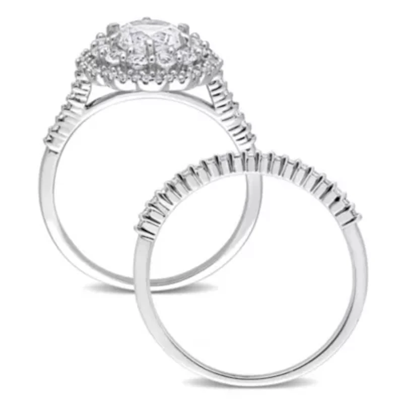 Lab Created White Sapphire and 1/10 CT TW Diamond Accent Double Halo Floral Design Bridal Ring Set 10k Gold