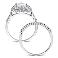 Lab Created White Sapphire and 1/10 CT TW Diamond Accent Double Halo Floral Design Bridal Ring Set 10k Gold