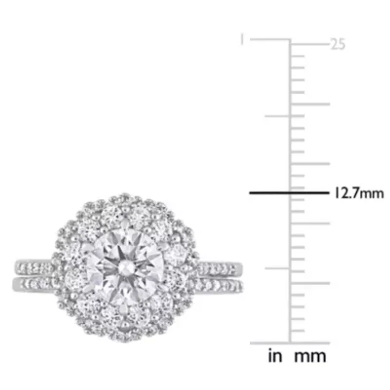 Lab Created White Sapphire and 1/10 CT TW Diamond Accent Double Halo Floral Design Bridal Ring Set 10k Gold