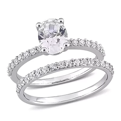 Lab Created Oval Cut White Sapphire Engagement Ring and Matching Eternity 2pc Set 10K Gold