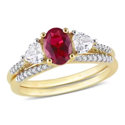 Lab Created Ruby White Sapphire and 1/10 CT TW Diamond Bridal Ring Set 10k Yellow Gold