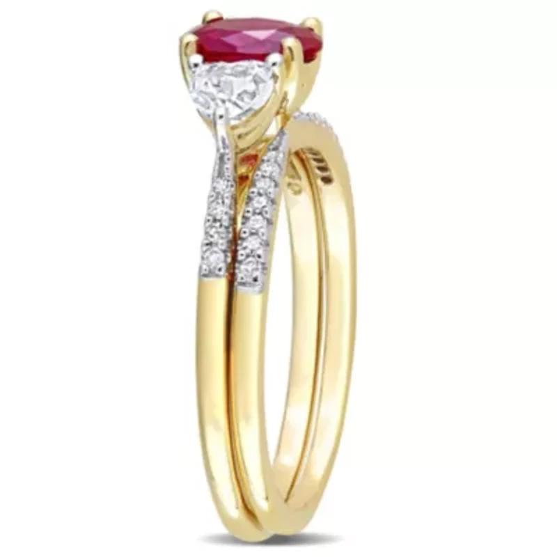 Lab Created Ruby White Sapphire and 1/10 CT TW Diamond Bridal Ring Set 10k Yellow Gold
