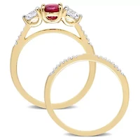 Lab Created Ruby White Sapphire and 1/10 CT TW Diamond Bridal Ring Set 10k Yellow Gold