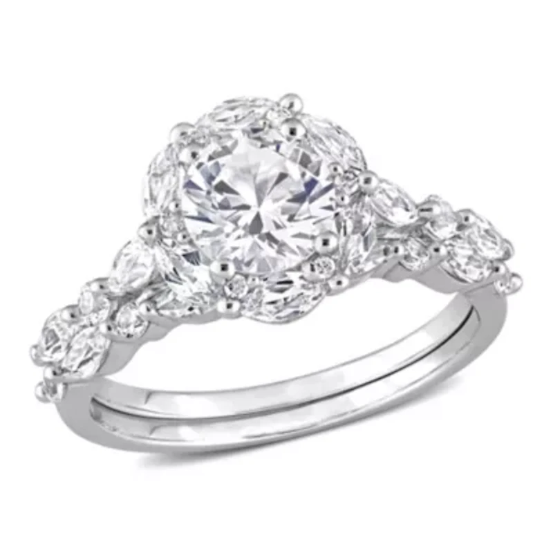 Lab Created White Sapphire and Diamond Accent Halo Floral Design Bridal Ring Set 10k Gold