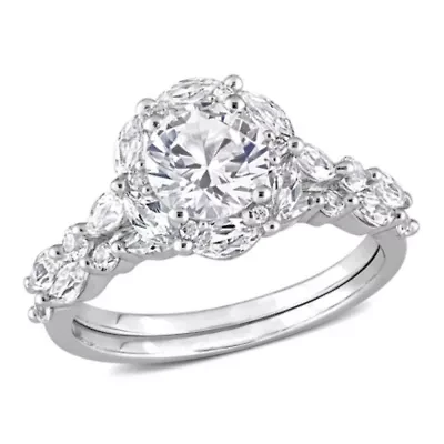 Lab Created White Sapphire and Diamond Accent Halo Floral Design Bridal Ring Set 10k Gold