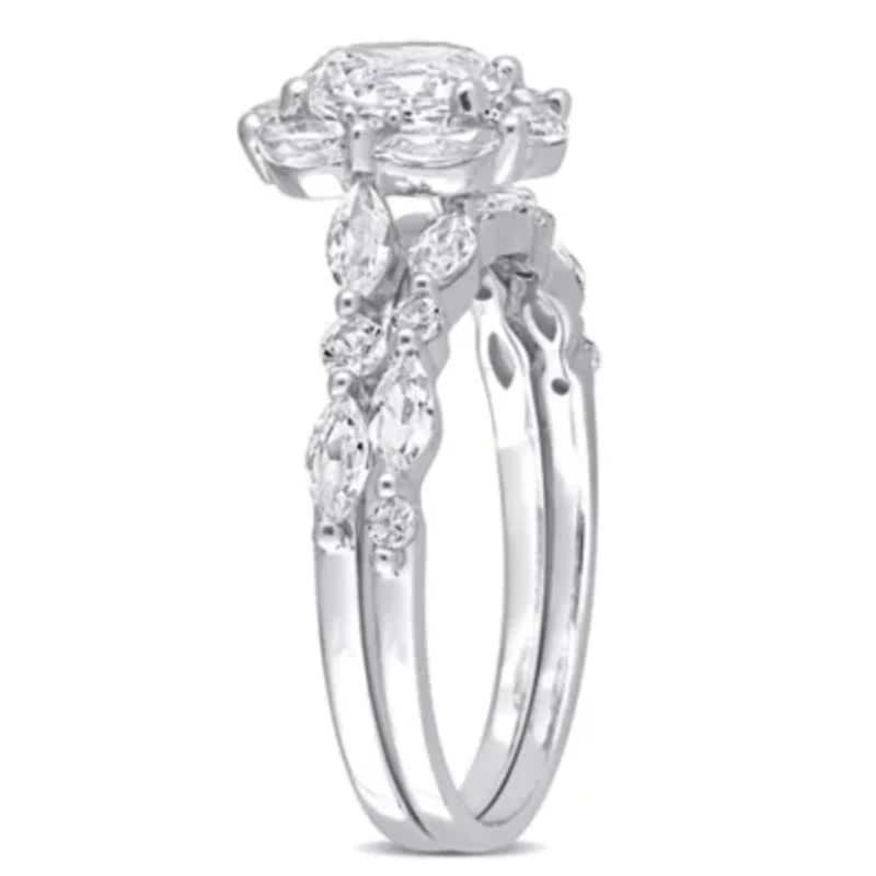 Lab Created White Sapphire and Diamond Accent Halo Floral Design Bridal Ring Set 10k Gold