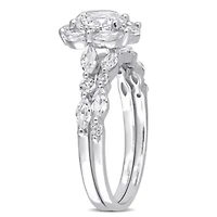 Lab Created White Sapphire and Diamond Accent Halo Floral Design Bridal Ring Set 10k Gold