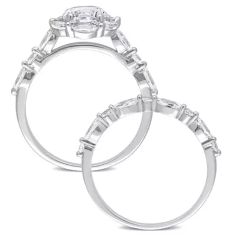 Lab Created White Sapphire and Diamond Accent Halo Floral Design Bridal Ring Set 10k Gold