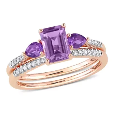 Rose de France Amethyst and 1/10 CT TW Diamond Bridal Ring Set 10k Gold
