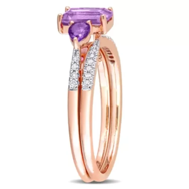 Rose de France Amethyst and 1/10 CT TW Diamond Bridal Ring Set 10k Gold