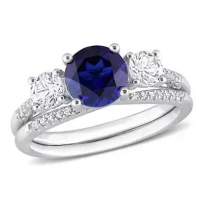Lab Created Blue and White Sapphire 1/10 CT TW Diamond Bridal Ring Set 10k Gold