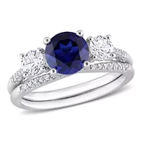 Lab Created Blue and White Sapphire 1/10 CT TW Diamond Bridal Ring Set 10k Gold