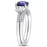 Lab Created Blue and White Sapphire 1/10 CT TW Diamond Bridal Ring Set 10k Gold