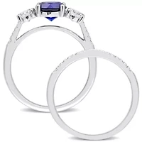 Lab Created Blue and White Sapphire 1/10 CT TW Diamond Bridal Ring Set 10k Gold