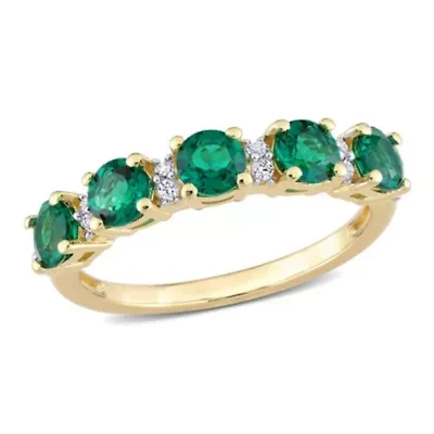 Lab Created Emerald and White Sapphire Semi Eternity Ring Yellow Gold Plated Sterling Silver