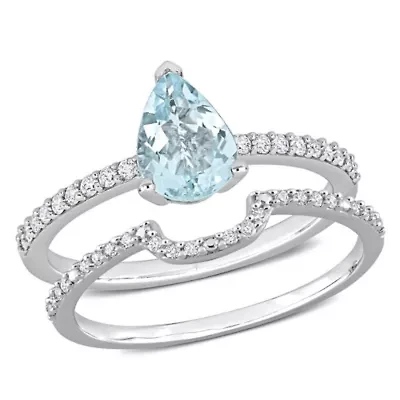 Pear Aquamarine and 1/4 CT TW Diamond Bridal Ring Set 14k White Gold
