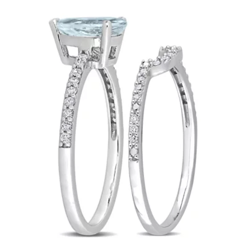 Pear Aquamarine and 1/4 CT TW Diamond Bridal Ring Set 14k White Gold