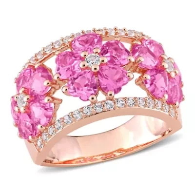 Lab Created Pink and White Sapphire Floral Ring Rose Plated Sterling Silver