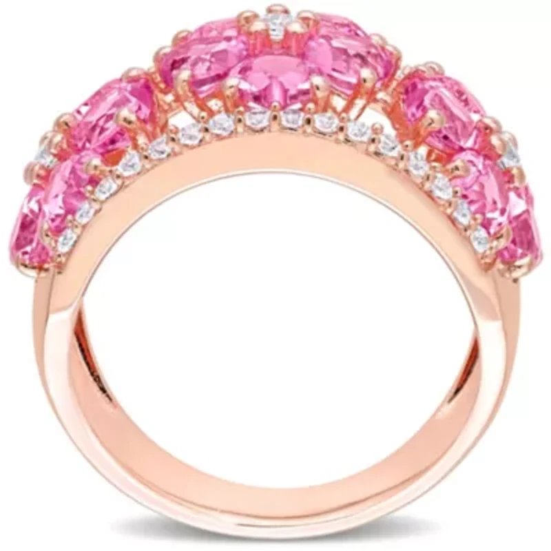Lab Created Pink and White Sapphire Floral Ring Rose Plated Sterling Silver