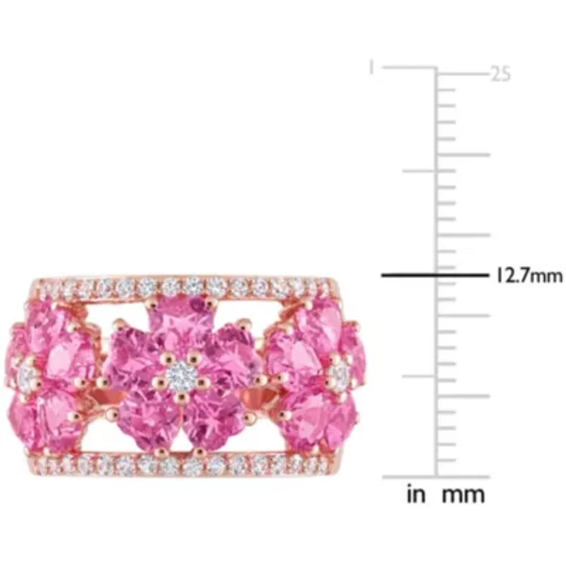 Lab Created Pink and White Sapphire Floral Ring Rose Plated Sterling Silver