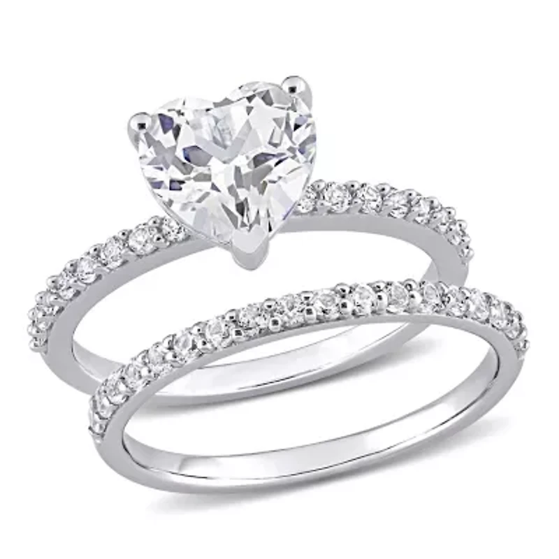 Lab Created Heart Cut White Sapphire Engagement Ring and Matching Eternity 2pc Set 10K Gold