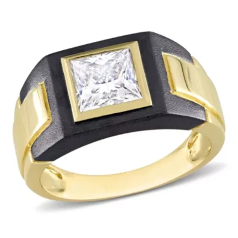 Lab Created 2 CT TW Moissanite Solitaire Men's Ring 2-Tone Sterling Silver with Yellow Gold & Black Rhodium Plating