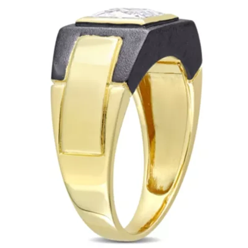 Lab Created 2 CT TW Moissanite Solitaire Men's Ring 2-Tone Sterling Silver with Yellow Gold & Black Rhodium Plating