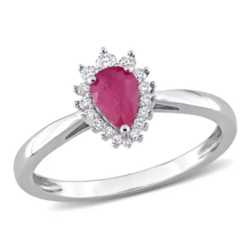 Pear Shape Ruby and 1/8 Ct TW Diamond Graduated Halo Ring 14k White Gold