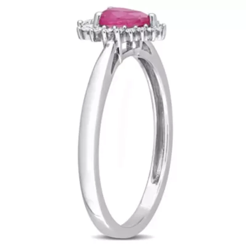 Pear Shape Ruby and 1/8 Ct TW Diamond Graduated Halo Ring 14k White Gold