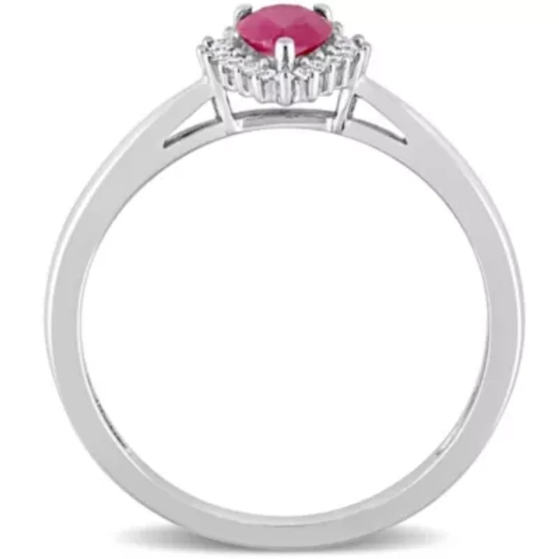 Pear Shape Ruby and 1/8 Ct TW Diamond Graduated Halo Ring 14k White Gold