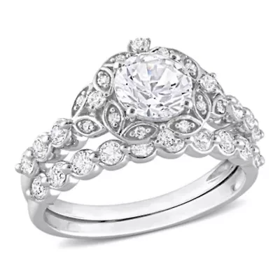 Lab Created White Sapphire and Diamond Accent Vintage Design Bridal Ring Set 10k Gold